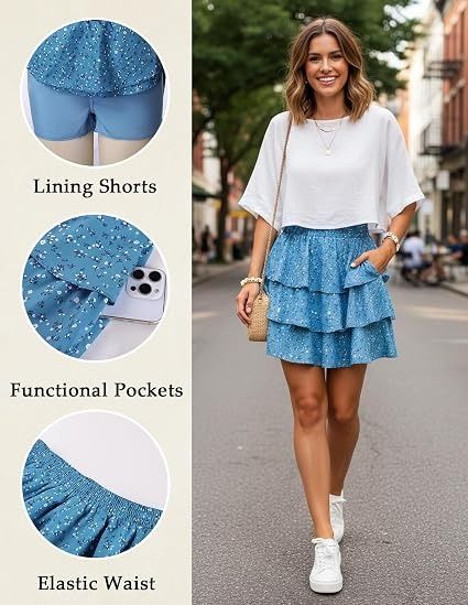 Blue Floral Tiered Skirt With Elastic Waist And Lining Shorts imagen 4